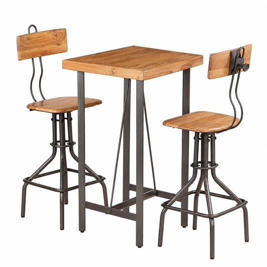 Set di mobili bar in teak riciclato con acciaio, tavolo e 2 sgabelli