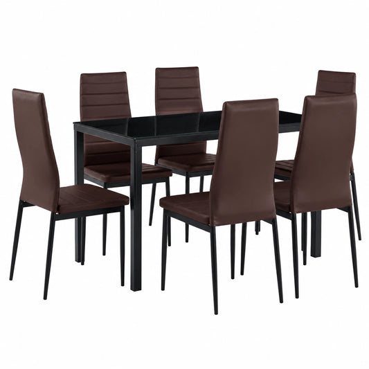 Set da pranzo 7 pezzi in vetro e metallo con 6 sedie in ecopelle