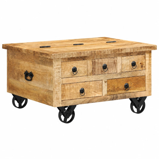 Tavolino vintage in legno di mango con cassetti e ruote per soggiorno