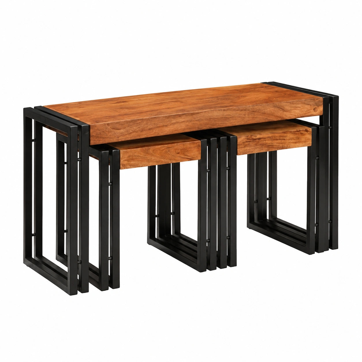 Set di Tavolini da Salotto in Legno Massello di Acacia e Metallo, Design Industriale, Salvaspazio, Colore Marrone e Nero