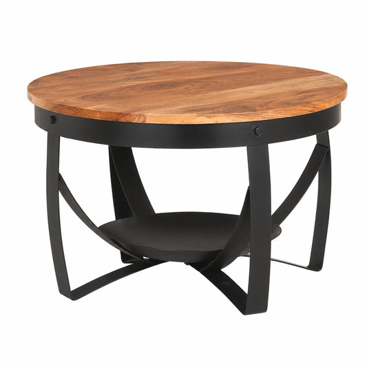 Tavolino in legno di acacia con base in ferro, design artigianale per soggiorno, tavolo robusto e unico