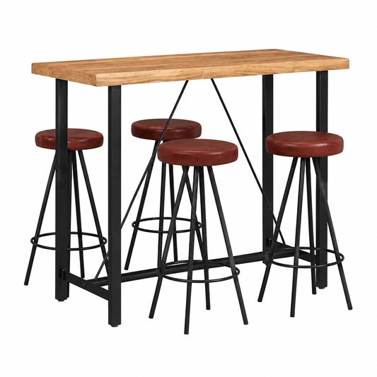 Set bar in legno di acacia con pelle vera, 5 pezzi, stile industriale