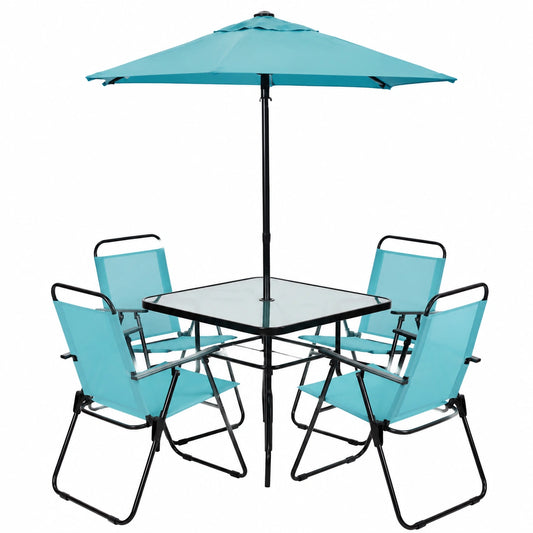 Set da Pranzo per Giardino 6 Pezzi con Ombrellone, Sedie Pieghevoli e Tavolo in Vetro UV Resistente