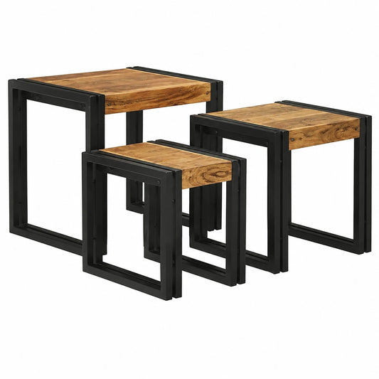 Set di 3 tavolini in acacia e metallo, design compatto e versatile, per salotto, marrone e nero
