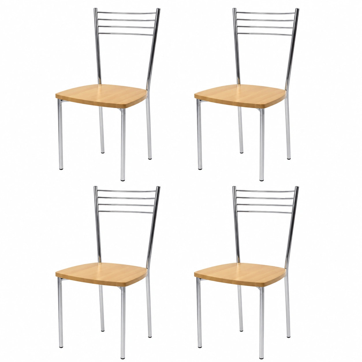 Set di 4 sedie Elena per cucina e sala da pranzo, acciaio cromato e legno rovere