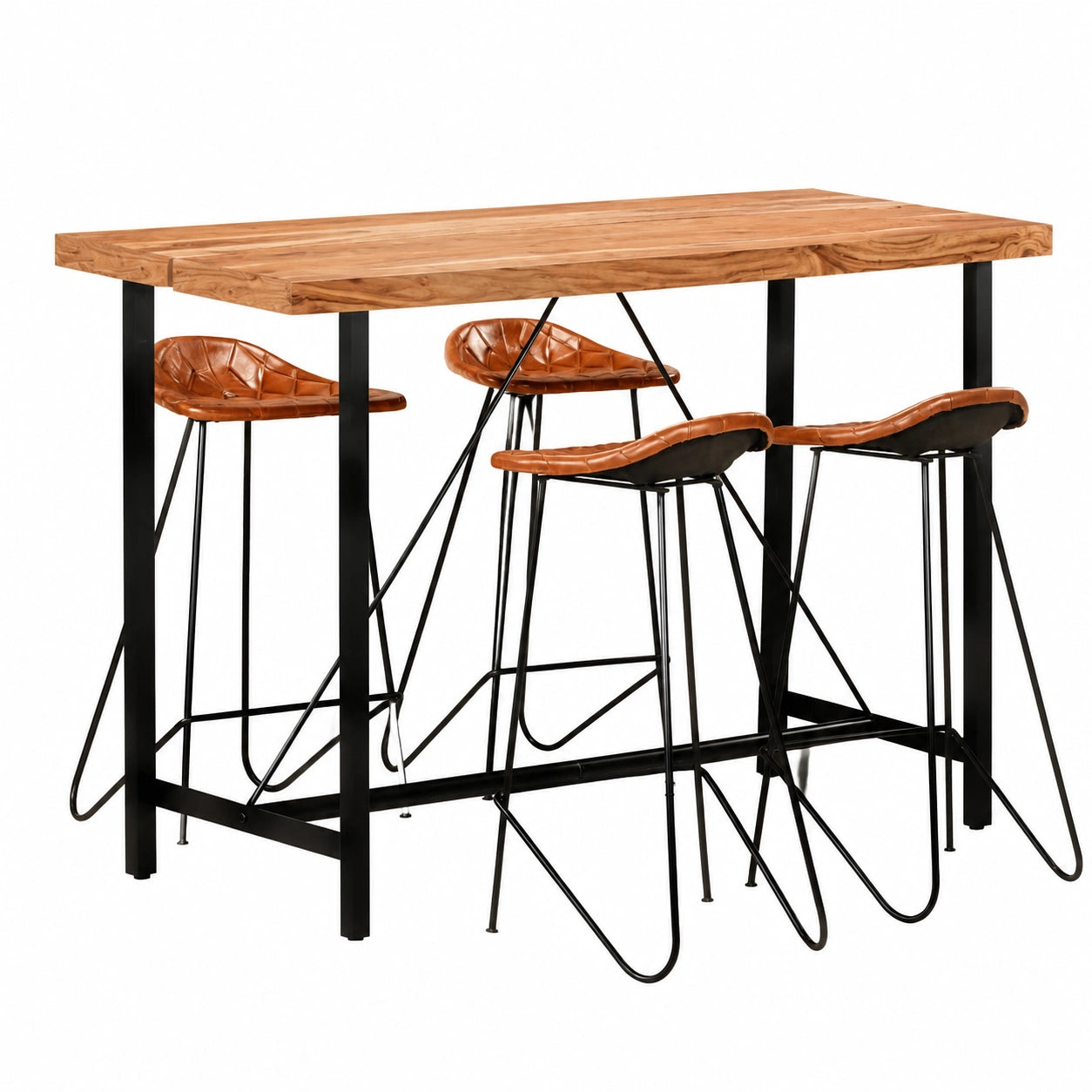 Set bar 5 pezzi: tavolo 150x70x107 cm e 4 sgabelli in pelle, design industriale, legno massello e metallo per cucina e ristorante