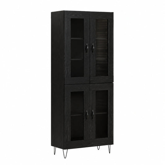 Credenza moderna nera effetto rovere con 4 ante e maniglie in metallo, 69,5 x 34 x 180 cm