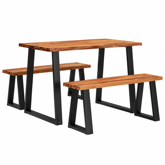 Set pranzo in legno di acacia con tavolo robusto e panche salvaspazio, durevoli, per sala e cucina, struttura in acciaio