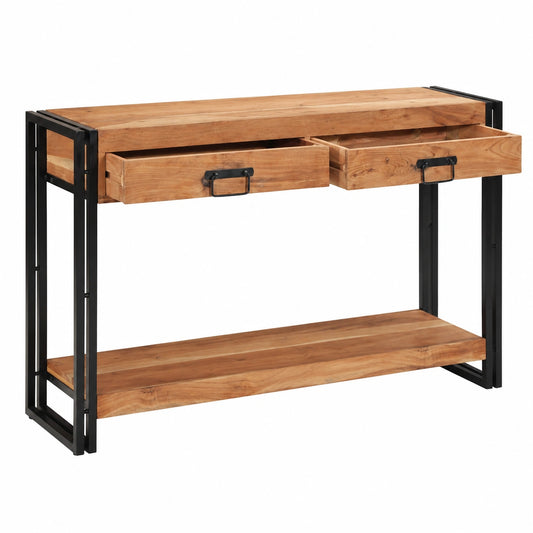 Consolle in legno di acacia con cassetti, design industriale per interni